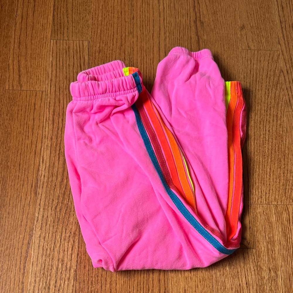 Aviator Nation Pink Joggers with Rainbow Stripes